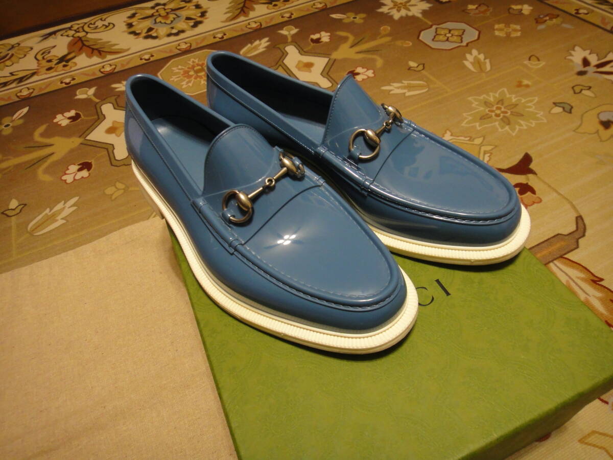 GUCCI グッチ ビットローファー レインシューズ ラバー 綺麗なターコイズブルー / ホワイト 防水 雨や雪の日に最適_画像8