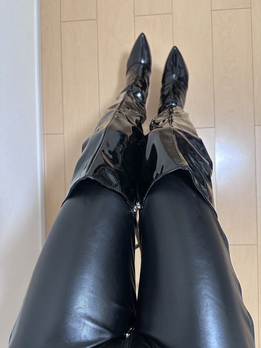 エナメル PVC ニーハイブーツ サイハイブーツ ハイヒール ピンヒール コスプレ ボンテージ 女王様 26cm_画像2