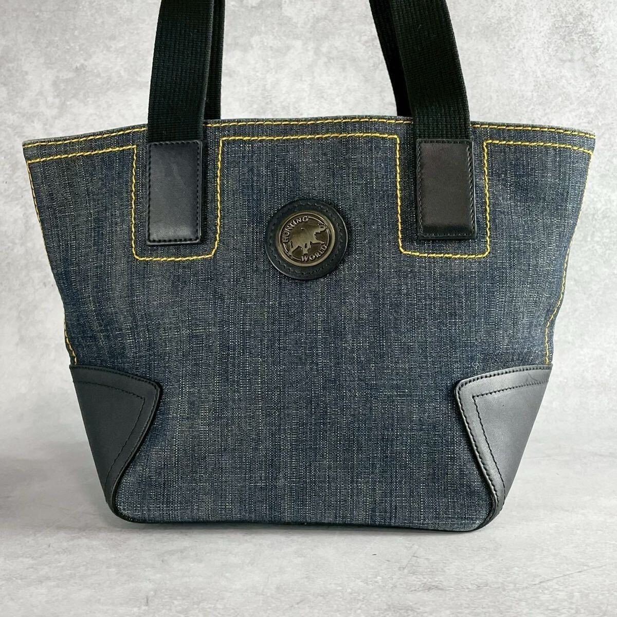 не использовался класс HUNTING WORLD Hunting World большая сумка ручная сумочка Denim Logo plate независимый кожа синий цвет серия голубой прекрасный товар Safari