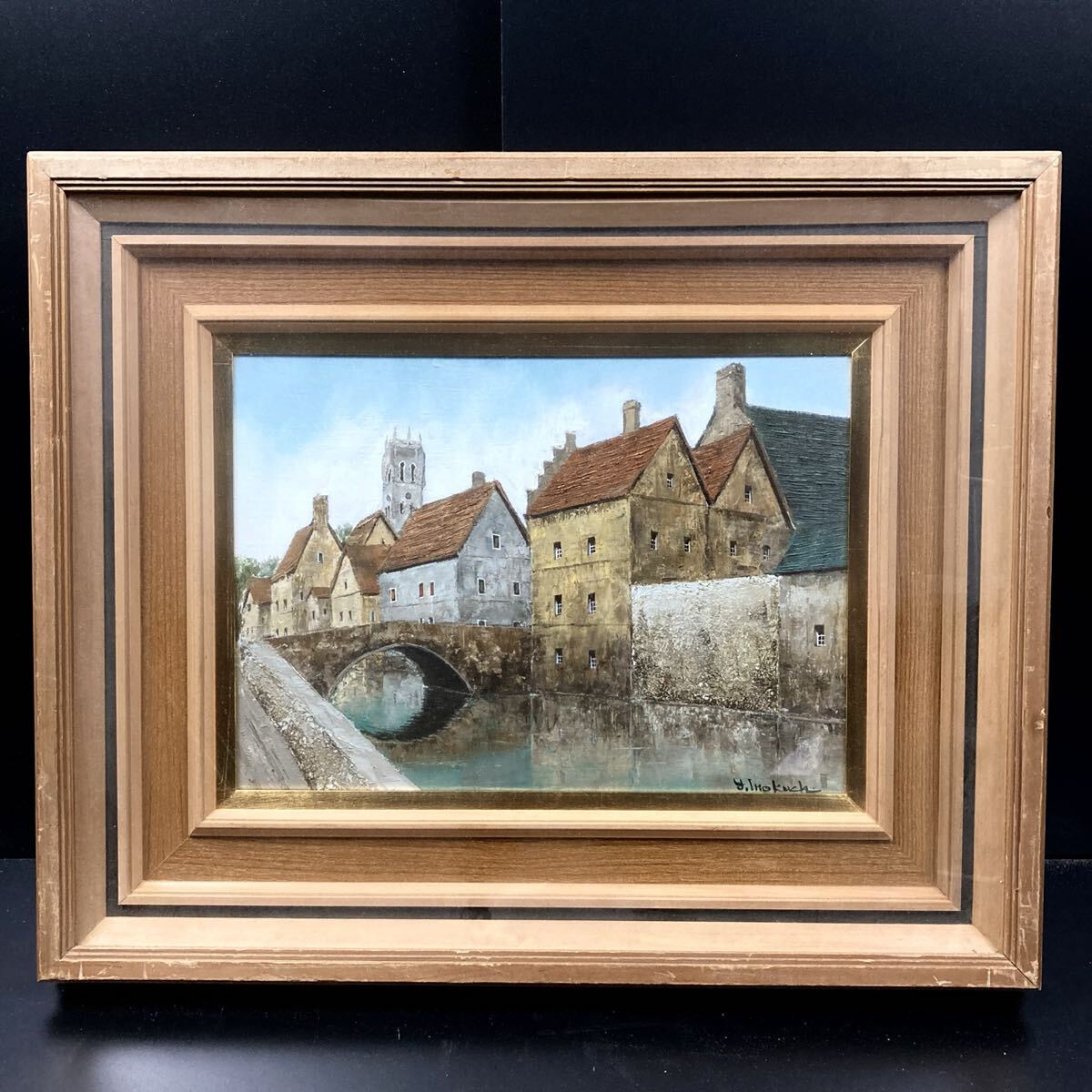 。壷々● 真作 井口由多可「塔の見える風景(ブルージュ)」 肉筆油彩4号 [F12]とし_画像1