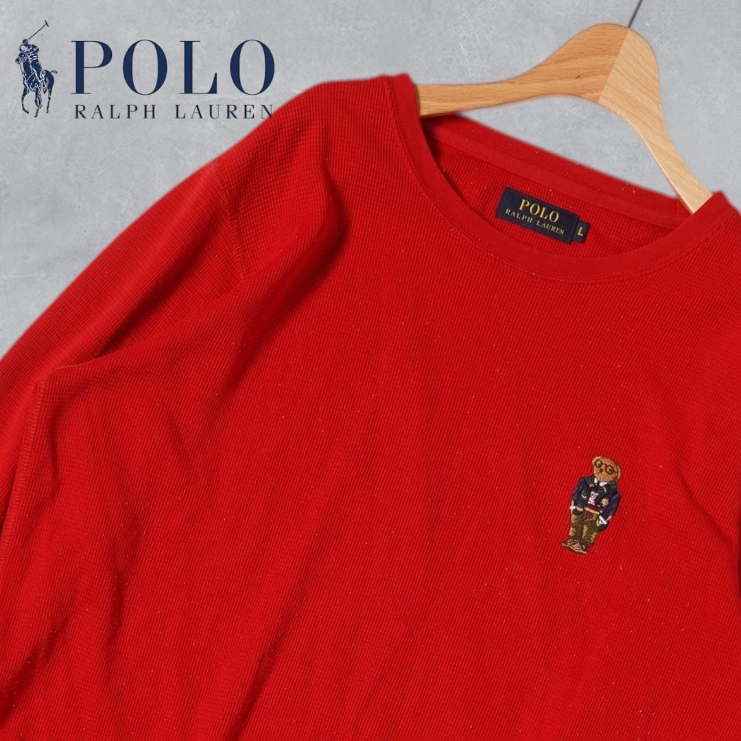 YJ247ね@ 1スタ RALPH LAUREN 90s ラルフローレン ポロベア サーマルロンT L 長袖　赤 レッド メンズL_画像1
