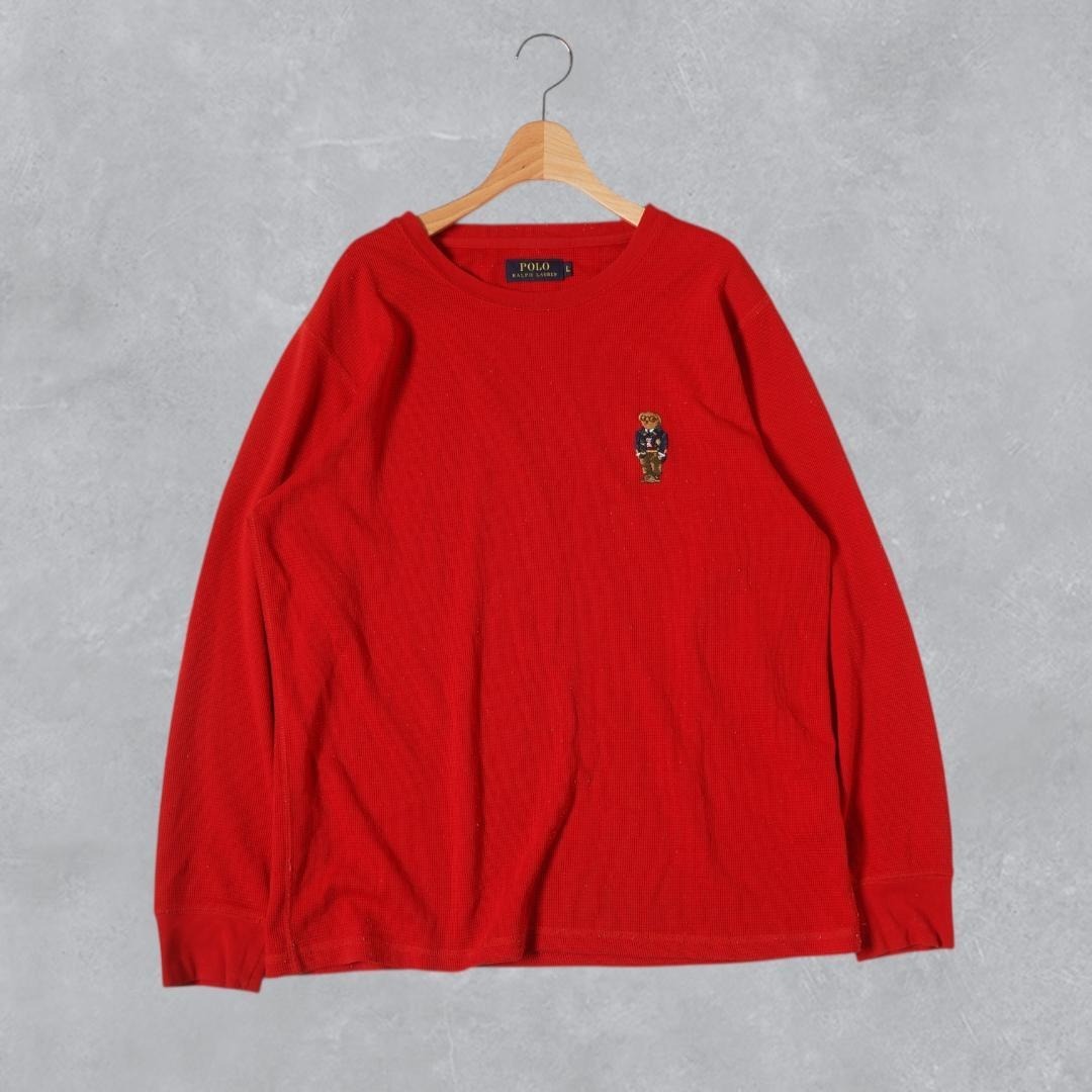 YJ247ね@ 1スタ RALPH LAUREN 90s ラルフローレン ポロベア サーマルロンT L 長袖　赤 レッド メンズL_画像6