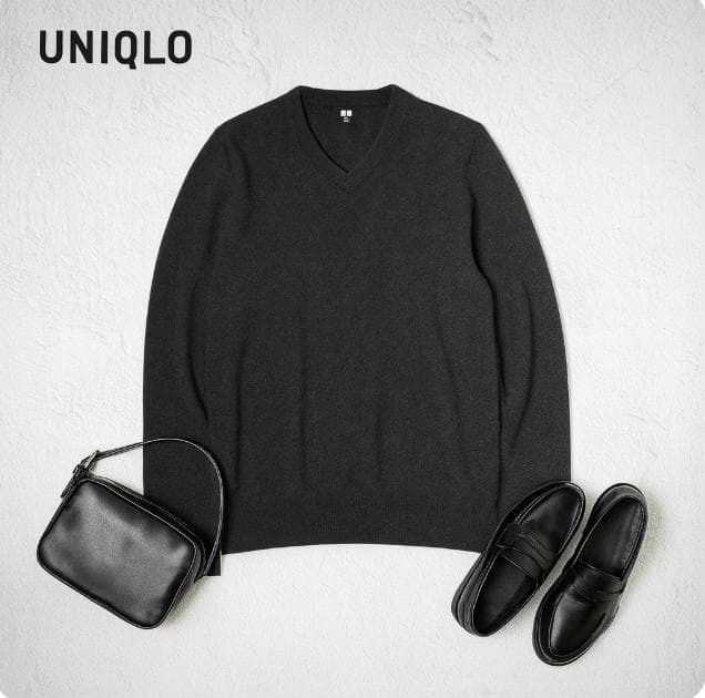 YJ133ね@ 1スタ UNIQLO メンズ 上品 おしゃれ カシミヤ 100% Vネックニットセーター M グレー 秋冬 メンズ_画像1