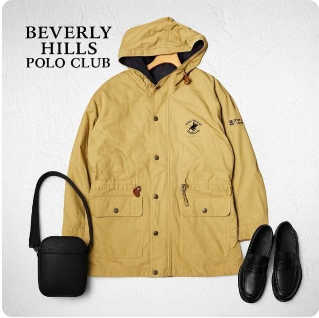 J86さ@ 1スタ BEVERLY HILLS POLO CLUB メンズ 上品 おしゃれ 裏地付きナイロンフードコート L ベージュ 春秋_画像2