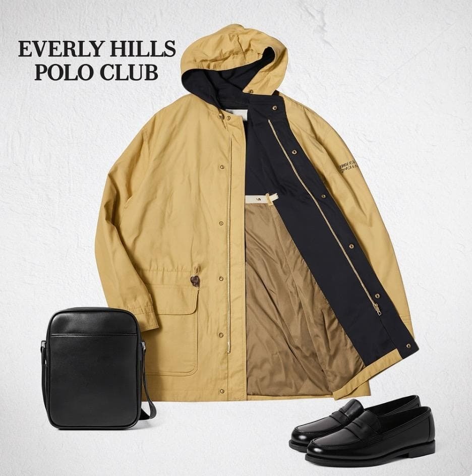 J86さ@ 1スタ BEVERLY HILLS POLO CLUB メンズ 上品 おしゃれ 裏地付きナイロンフードコート L ベージュ 春秋_画像1