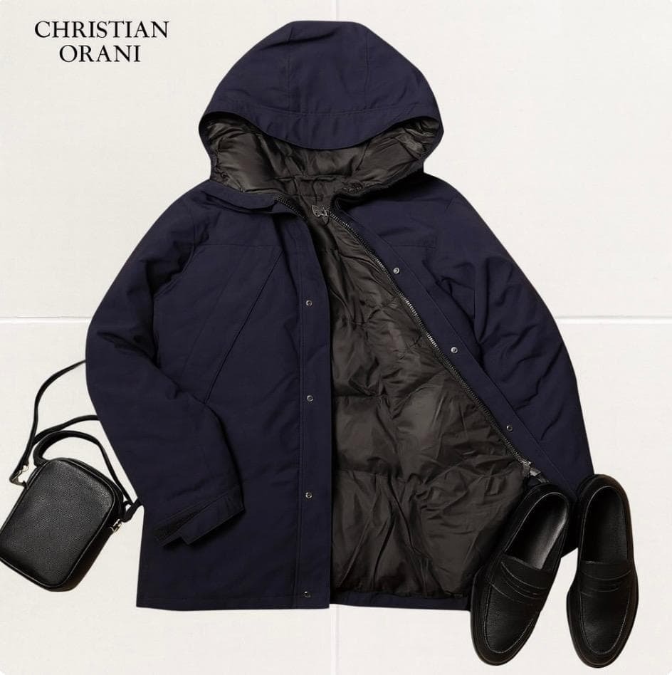 YJ1726＠ 1スタ CHRISTIAN ORANI クリスチャンオラニ ロングダウンコート L メンズ フード付き ネイビー 暖かい 防寒 _画像1