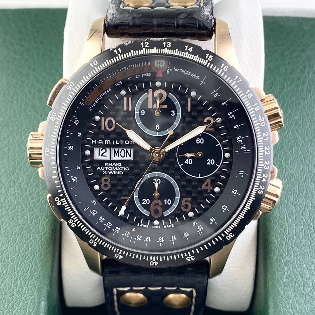 【1円〜】HAMILTON ハミルトン 腕時計 メンズ AT 自動巻 KHAKI カーキ クロノグラフ H776961 ブラック文字盤 ゴールド デイデイト 可動品_画像8