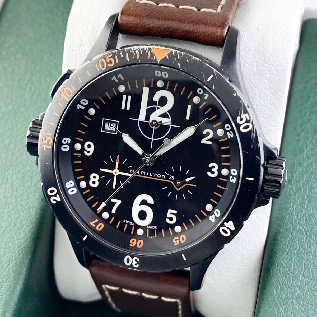 【1円〜】HAMILTON ハミルトン 腕時計 メンズ H745920 カーキアビエーション クロノグラフ ブラック文字盤 オレンジ デイト 可動品_画像1