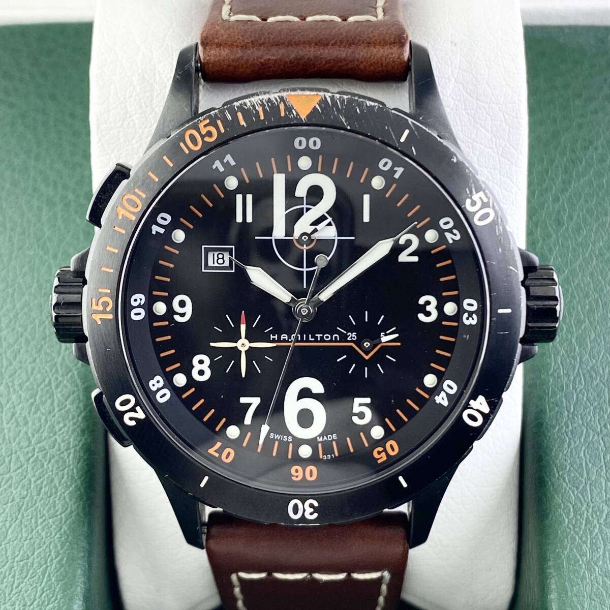 【1円〜】HAMILTON ハミルトン 腕時計 メンズ H745920 カーキアビエーション クロノグラフ ブラック文字盤 オレンジ デイト 可動品_画像8