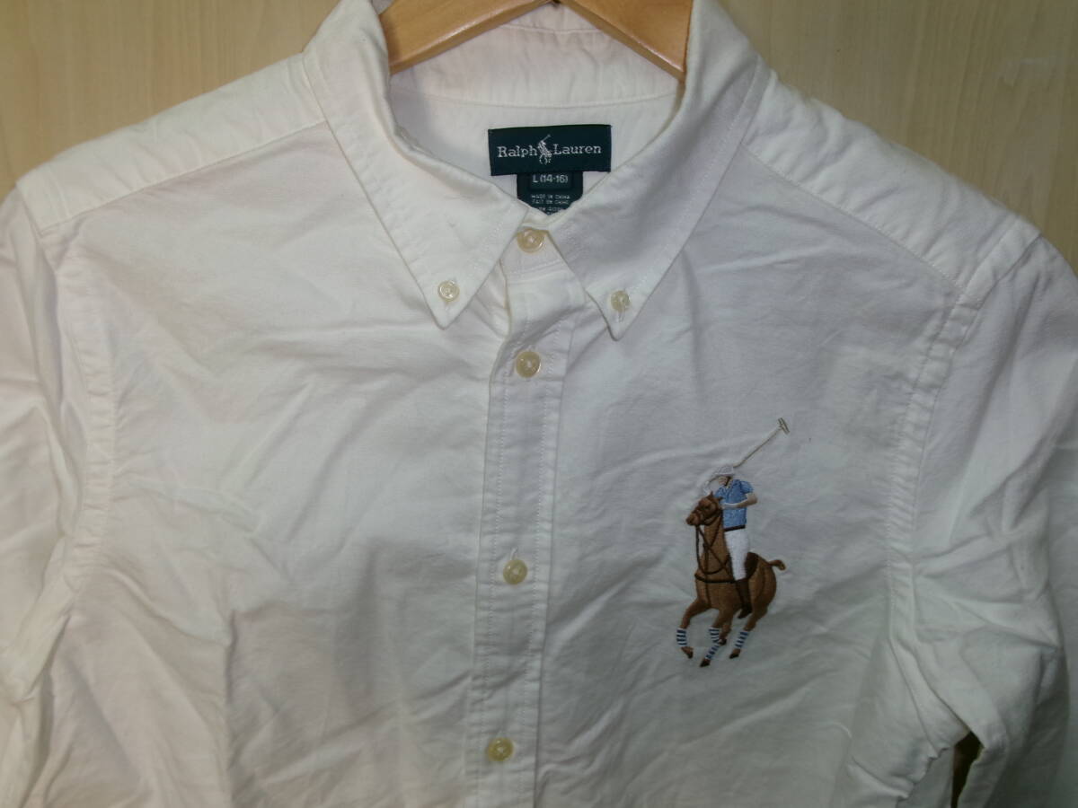 B21:Ralph Lauren (ラルフローレン) 子供用 長袖 ボタンダウンシャツ L(14-16) ホワイト 白 ビッグポロプレイヤー刺繍付き 綿100%:35_画像2