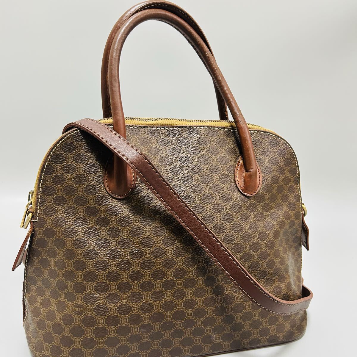 1円 CELINE セリーヌ マカダム柄 PVC ×レザーハンドバッグ ショルダーバッグ 2wayトップハンドル ロゴ レディース ゴールド正規品本物_画像1