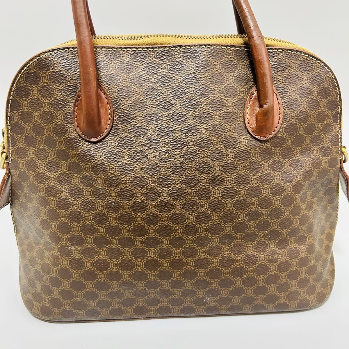 1円 CELINE セリーヌ マカダム柄 PVC ×レザーハンドバッグ ショルダーバッグ 2wayトップハンドル ロゴ レディース ゴールド正規品本物_画像2