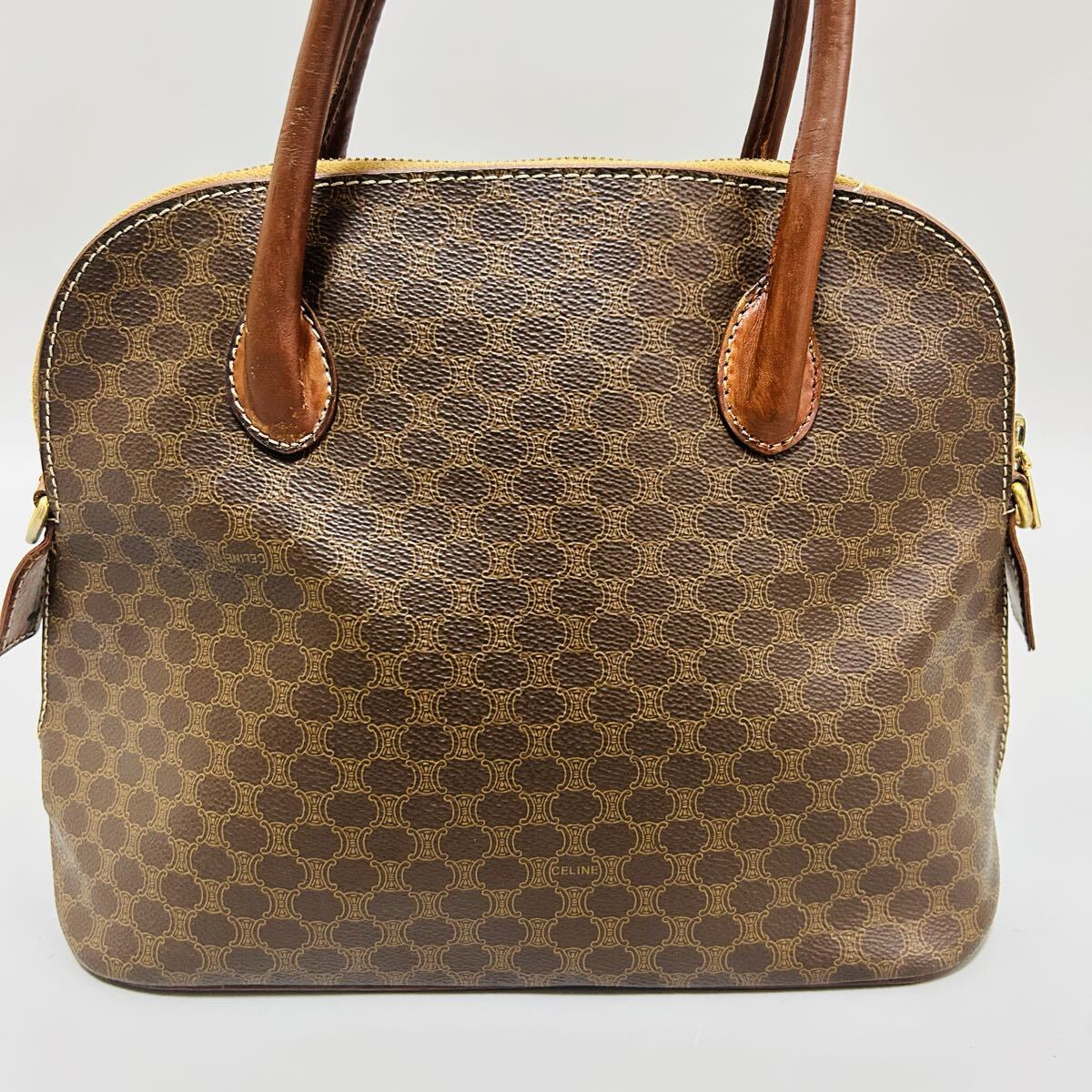 1円 CELINE セリーヌ マカダム柄 PVC ×レザーハンドバッグ ショルダーバッグ 2wayトップハンドル ロゴ レディース ゴールド正規品本物_画像3