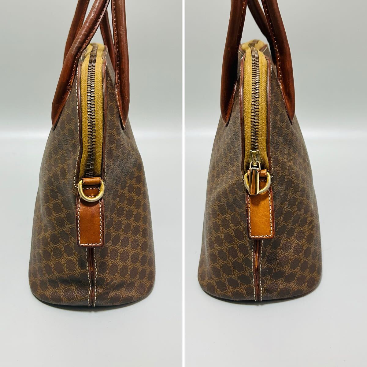 1円 CELINE セリーヌ マカダム柄 PVC ×レザーハンドバッグ ショルダーバッグ 2wayトップハンドル ロゴ レディース ゴールド正規品本物_画像4