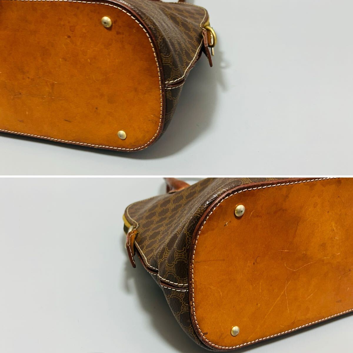 1円 CELINE セリーヌ マカダム柄 PVC ×レザーハンドバッグ ショルダーバッグ 2wayトップハンドル ロゴ レディース ゴールド正規品本物_画像6