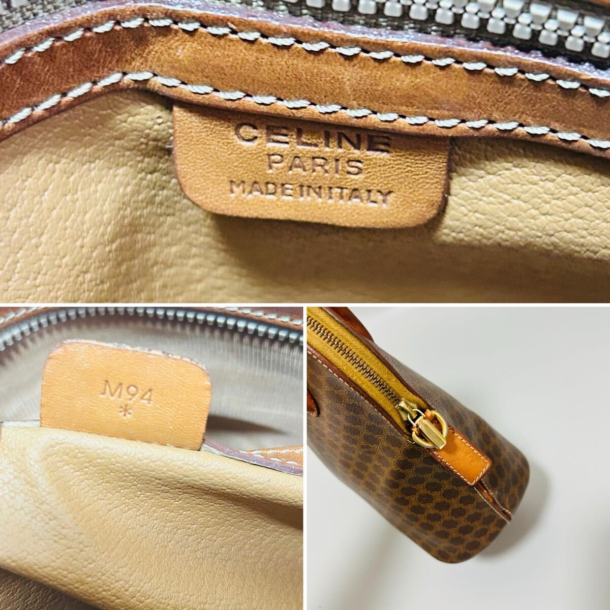 1円 CELINE セリーヌ マカダム柄 PVC ×レザーハンドバッグ ショルダーバッグ 2wayトップハンドル ロゴ レディース ゴールド正規品本物_画像10