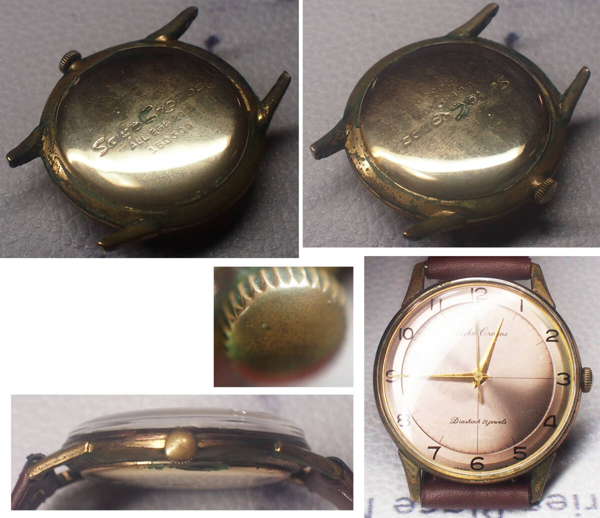 ¶ 希少！全数字 Cronos（クロノス）SEIKO 21石 総金メッキ 二色干支薄紫変わり文字板 手巻き 稼働品　新品茶革ベルト ¶_画像3