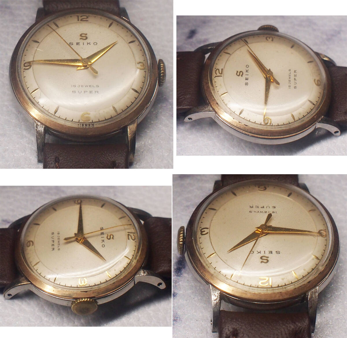 ¶　70年前の時計　SEIKO セイコー SUPER スーパー 15石 手巻き　14金張り　変わり文字板　稼働品 アップライト蛇Sロゴ　新品茶革ベルト_画像2