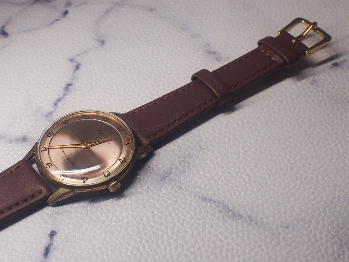 ¶ 希少！全数字 Cronos（クロノス）SEIKO 21石 総金メッキ 二色干支薄紫変わり文字板 手巻き 稼働品　新品茶革ベルト ¶_画像6