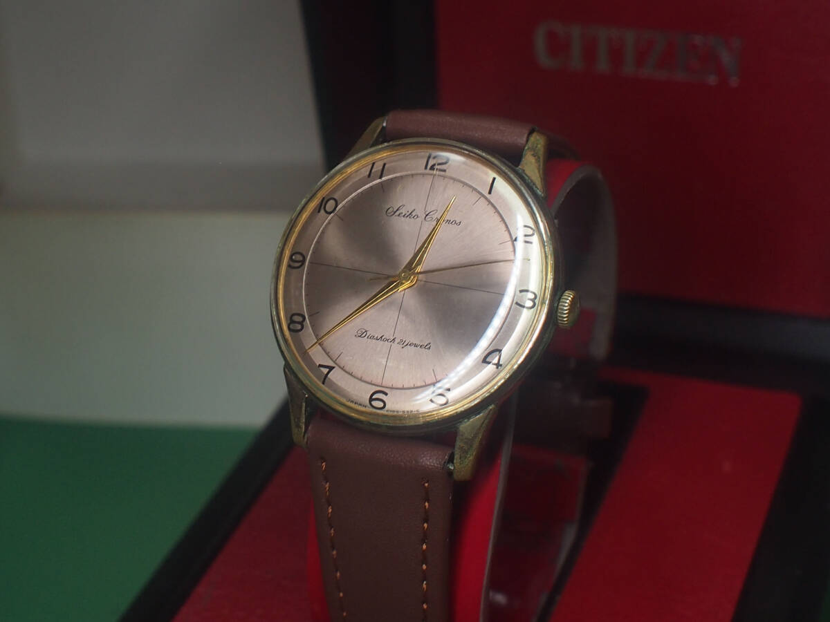 ¶ 希少！全数字 Cronos（クロノス）SEIKO 21石 総金メッキ 二色干支薄紫変わり文字板 手巻き 稼働品　新品茶革ベルト ¶_画像9