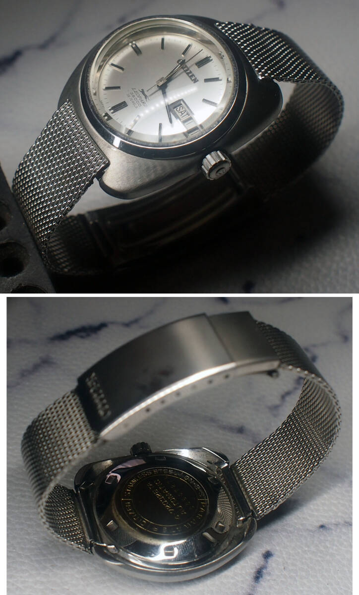 美品 CITIZEN LEOPARD(レオパール) 横楕円クリスタル 10振動 28石 ウィークデーター グレー 横ヘアライン 自動巻 純正ブレス 稼働品_画像4