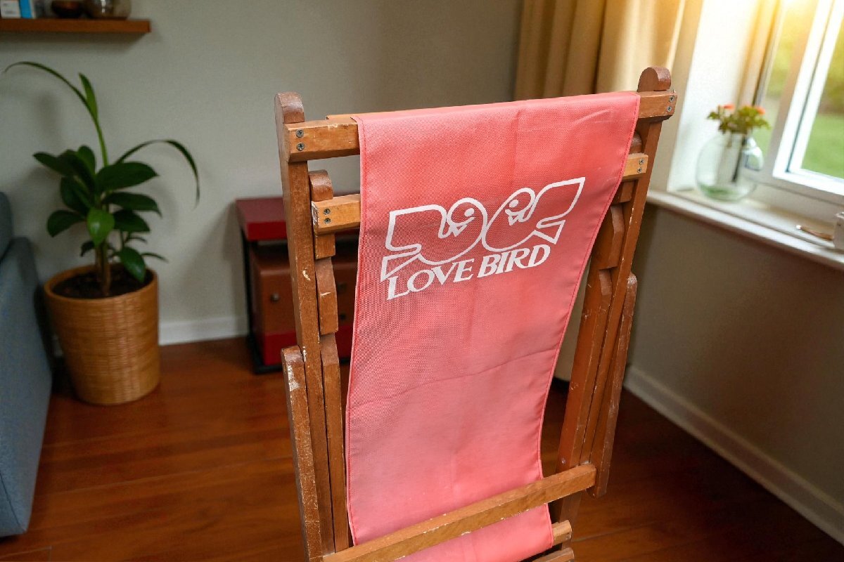 ○LOVE BIRD　2羽の小鳥柄　赤いナイロン張りの折りたたみ椅子　デッキチェアー　アウトドア　ヴィンテージ　古道具のgplus広島 2511i_画像9