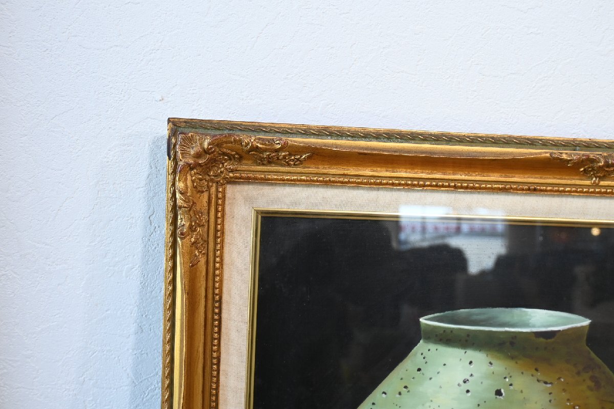 ○田中重利　油彩画作品　「静物」　F10号　豪華な金色の額　壺とフルーツの絵　和モダン　アート　古道具のgplus広島 2511i_画像4