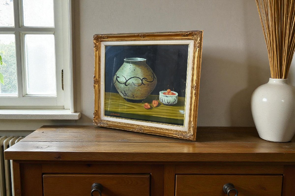 ○田中重利　油彩画作品　「静物」　F10号　豪華な金色の額　壺とフルーツの絵　和モダン　アート　古道具のgplus広島 2511i_画像1