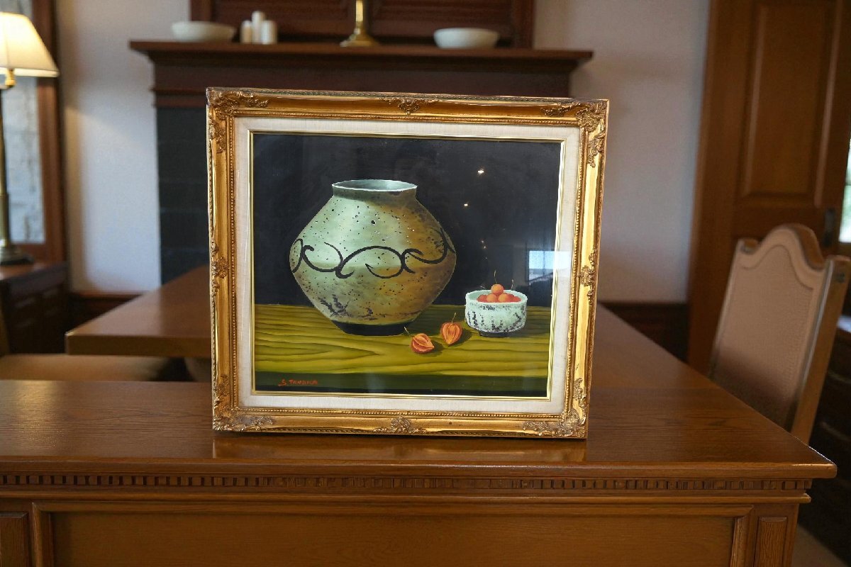 ○田中重利　油彩画作品　「静物」　F10号　豪華な金色の額　壺とフルーツの絵　和モダン　アート　古道具のgplus広島 2511i_画像2