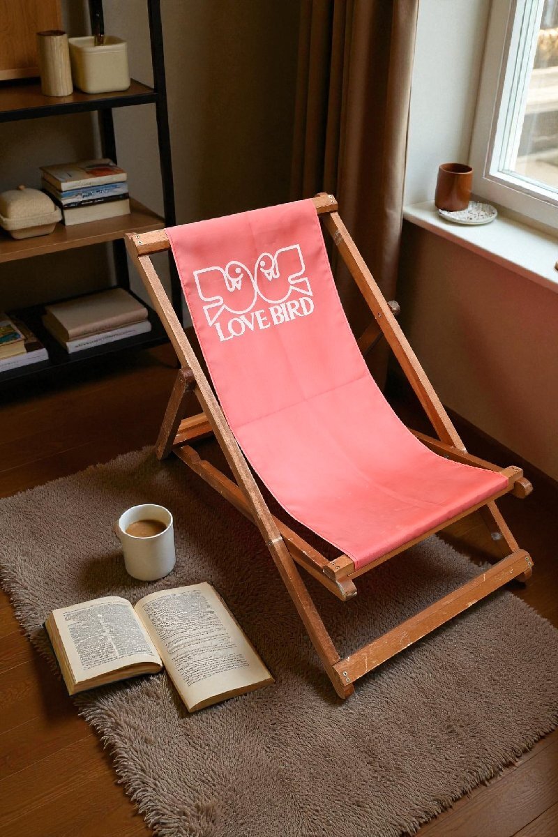 ○LOVE BIRD　2羽の小鳥柄　赤いナイロン張りの折りたたみ椅子　デッキチェアー　アウトドア　ヴィンテージ　古道具のgplus広島 2511i_画像5