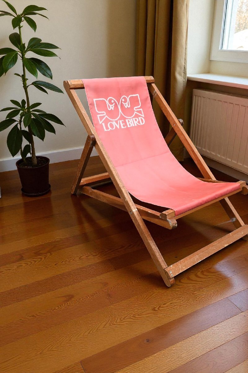 ○LOVE BIRD　2羽の小鳥柄　赤いナイロン張りの折りたたみ椅子　デッキチェアー　アウトドア　ヴィンテージ　古道具のgplus広島 2511i_画像7
