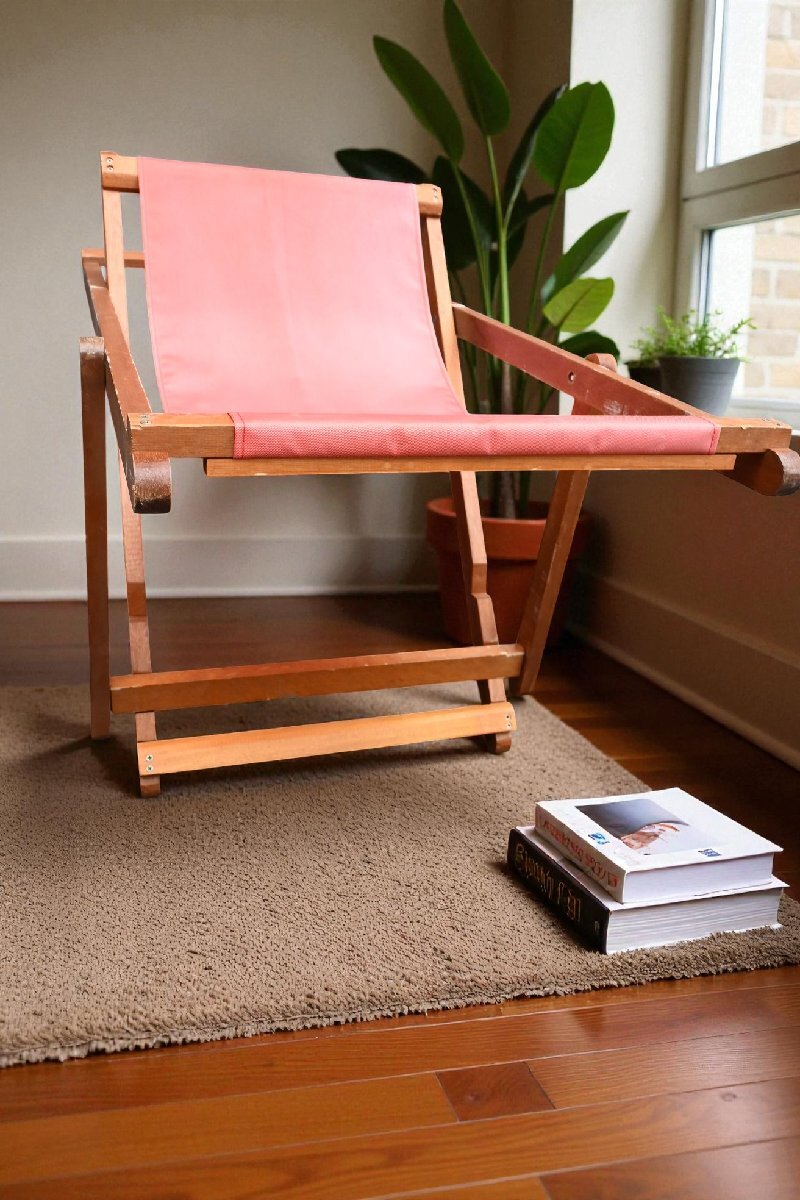 ○LOVE BIRD　2羽の小鳥柄　赤いナイロン張りの折りたたみ椅子　デッキチェアー　アウトドア　ヴィンテージ　古道具のgplus広島 2511i_画像2