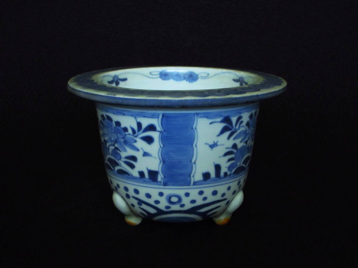  маленькая миска старый Imari белый фарфор с синим рисунком окно . старый плата растения документ вне . кошка пара круг горшок орхидея горшок бонсай горшок цветочный горшок поддон контейнер 
