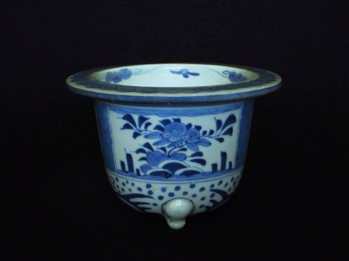  маленькая миска старый Imari белый фарфор с синим рисунком окно . старый плата растения документ вне . кошка пара круг горшок орхидея горшок бонсай горшок цветочный горшок поддон контейнер 