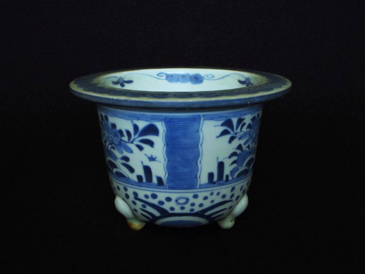  маленькая миска старый Imari белый фарфор с синим рисунком окно . старый плата растения документ вне . кошка пара круг горшок орхидея горшок бонсай горшок цветочный горшок поддон контейнер 