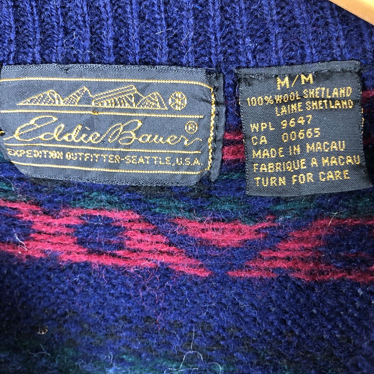 古着 80~90年代 エディーバウアー Eddie Bauer 黒タグ 総柄 ウールニットセーター メンズM相当 ヴィンテージ /eaa601984_画像3