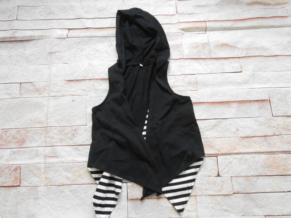 CE14◎ニッセン/NISSEN 半袖Tシャツ フードジレ付き ボーダー&ネクタイ柄 黒×白 110㎝ 未使用_画像3