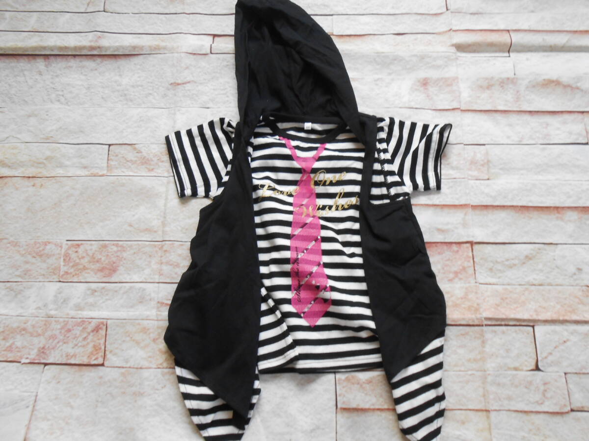 CE14◎ニッセン/NISSEN 半袖Tシャツ フードジレ付き ボーダー&ネクタイ柄 黒×白 110㎝ 未使用_画像1