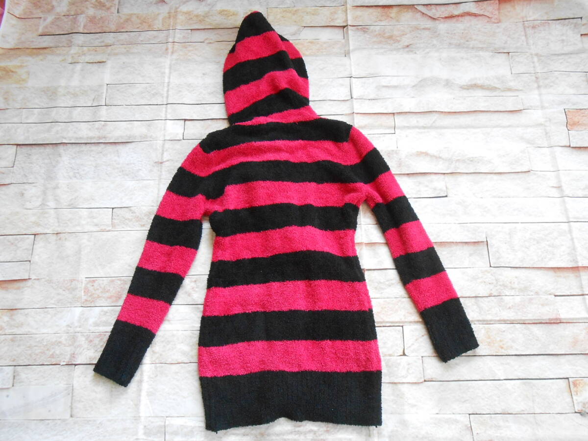 BA09◎MARIARJUE モコモコロングパーカー カーディガン ボーダー ピンク×黒 140㎝ 状態良_画像5