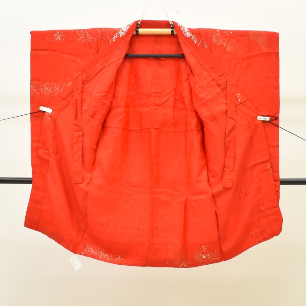 1円 長襦袢 女の子 正絹 赤色 身丈92㎝ 刺繍 半衿付 七五三 同梱可 【着物ひととき】 51052_画像2