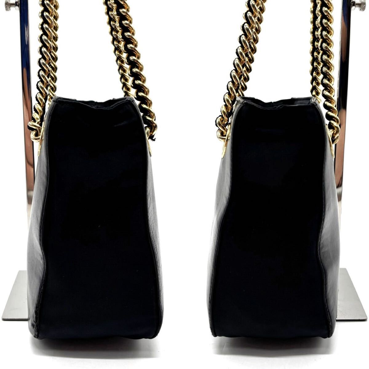 1 иен [ первоклассный ]PRADA Prada сумка на плечо большая сумка цепь Logo type вдавлено . Gold металлические принадлежности нейлон овчина женский плечо .. белый бирка 