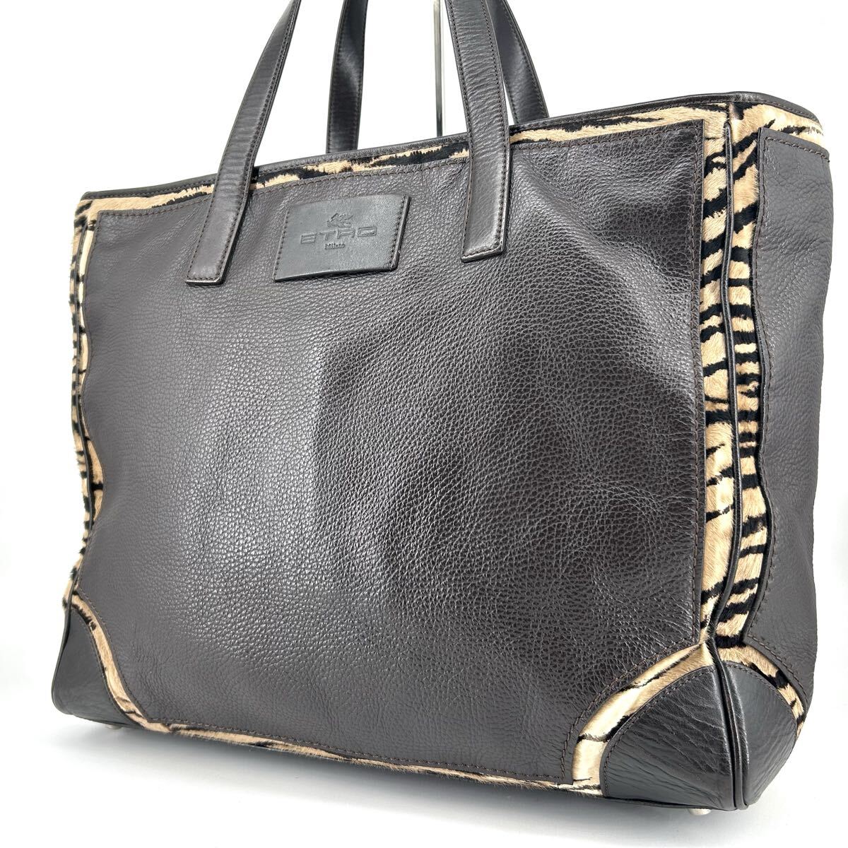【美品/現行】ETRO エトロ トートバッグ ハラコ ゼブラ メンズ ビジネス A4可 肩掛け 大容量 レザー 本革 シボ革 ダークブラウン 茶色 ロゴ_画像1