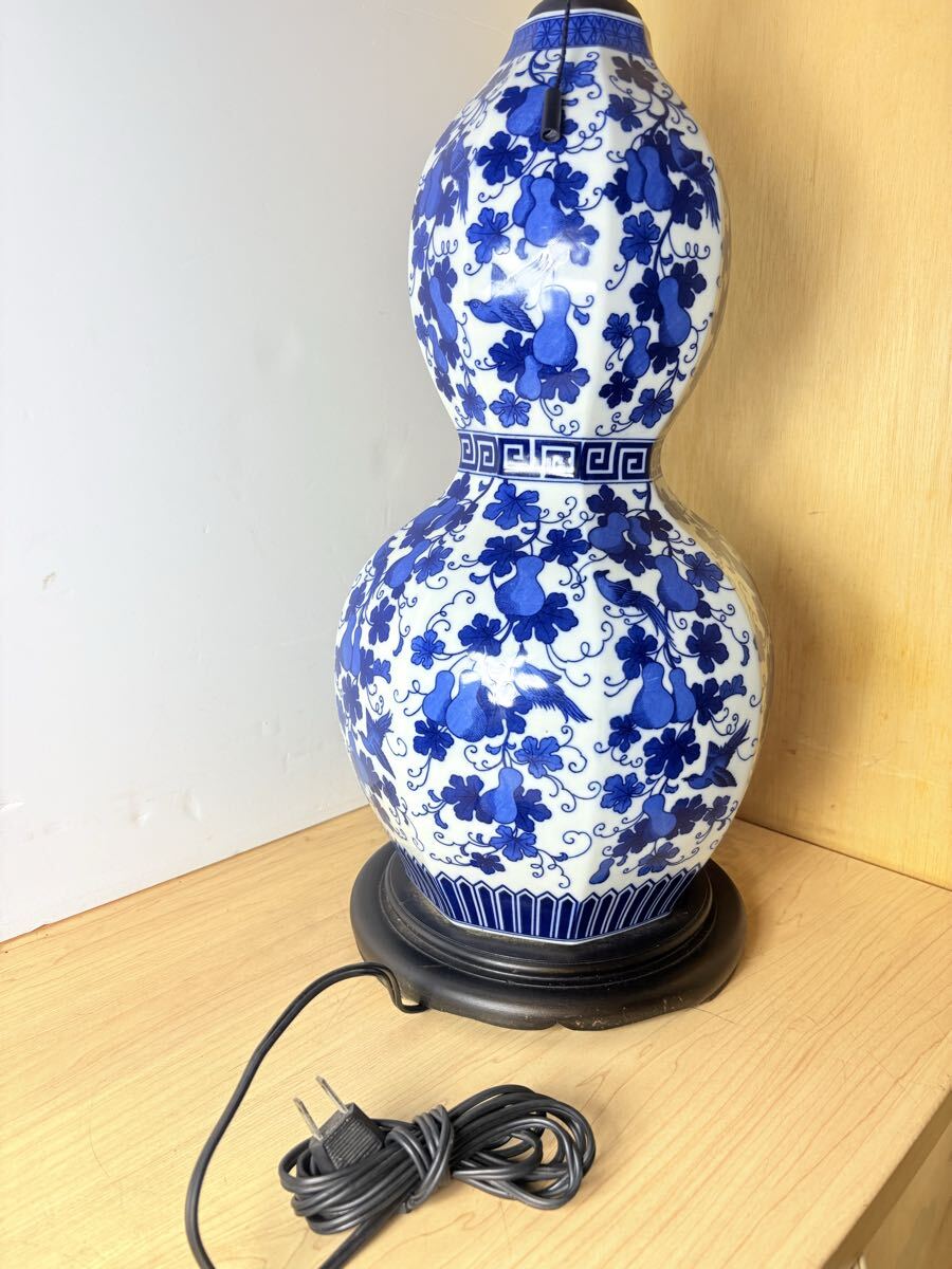 テーブルランプ 陶器製ブルー&ホワイト ひょうたん形 ランプスタンド_画像2