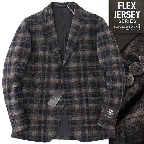 新品 7.9万 マッキントッシュロンドン スライバー ニット ジャケット LL42(幅広LL) 茶 【J56969】 AB7 FLEX JERSEY 秋冬 チェック ウール_画像1