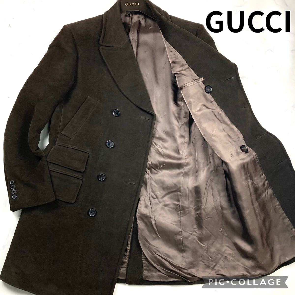 未使用級 XL位 GUCCI グッチ ダブルチェスターコート ロング ジャケット ピーコート ダークブラウン 50 メンズ ビジネス 【最高級の逸品】_画像1