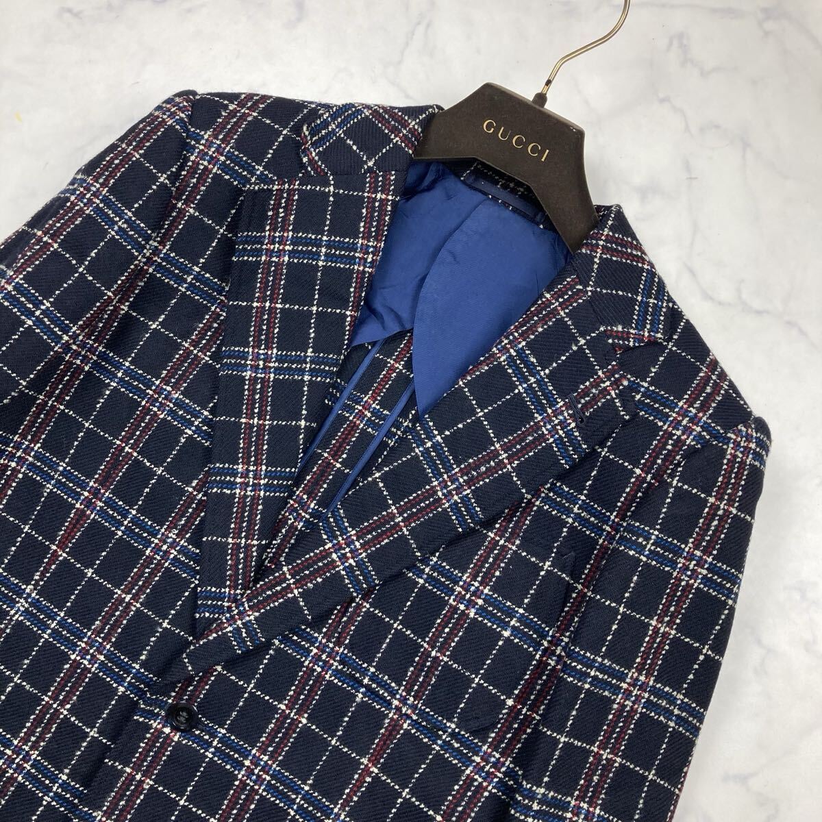 美品 L位 ハリスツイード HARRIS TWEED テーラードジャケット チェック マルチカラー ダークネイビー メンズ　【圧倒的存在感】_画像3