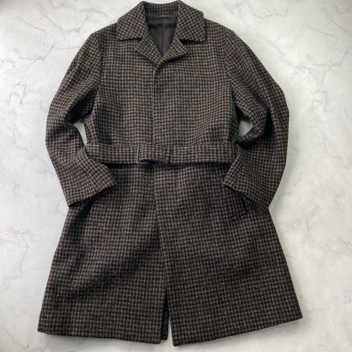 極美品 XL位 EDIFICE エディフィス Harris Tweed ハリスツイード ベルテッド ステンカラーコート ロング ウール ブラウン メンズ 50_画像2