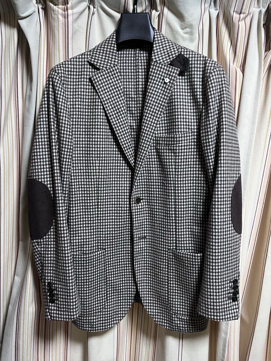 美品 L.B.M.1191 ルビアム ブラウンチェックジャケット Size.48 L相当 フラップボタン 段返り三つボタン エルボーパッチ 秋冬春 イタリア製_画像1