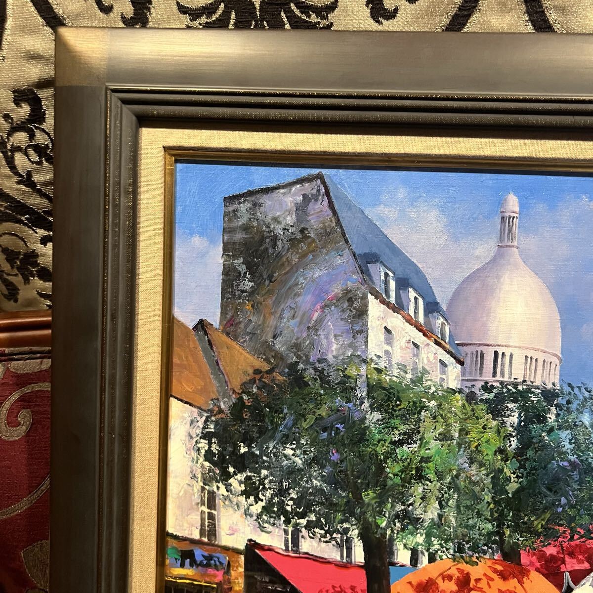 真作 直筆サイン サクレクールの見えるカフェテラス 松本剛一 15号 二科展特選_画像3