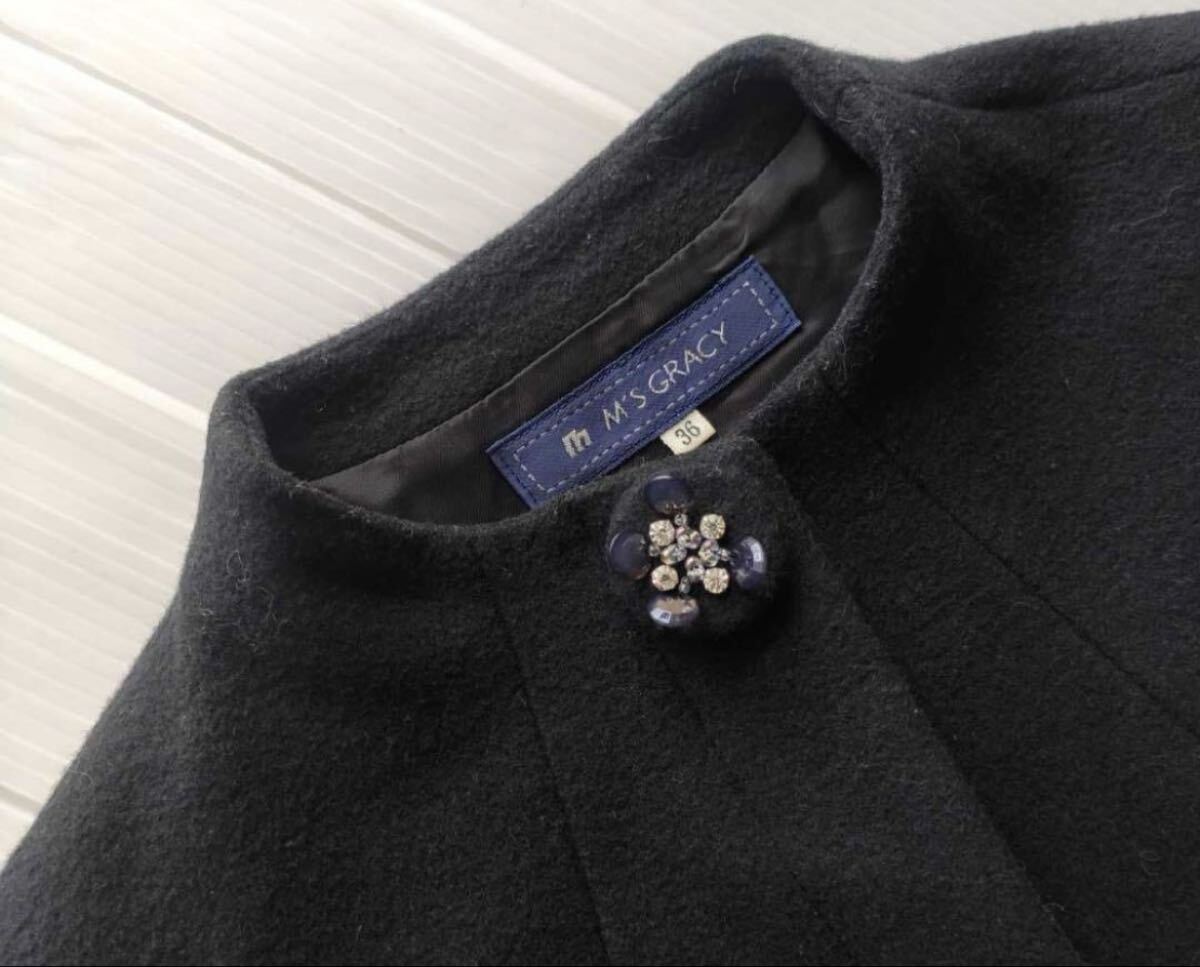 M'S GRACY　エムズグレイシー　ステンカラーコート　フリル　ビジュー　36 黒_画像5